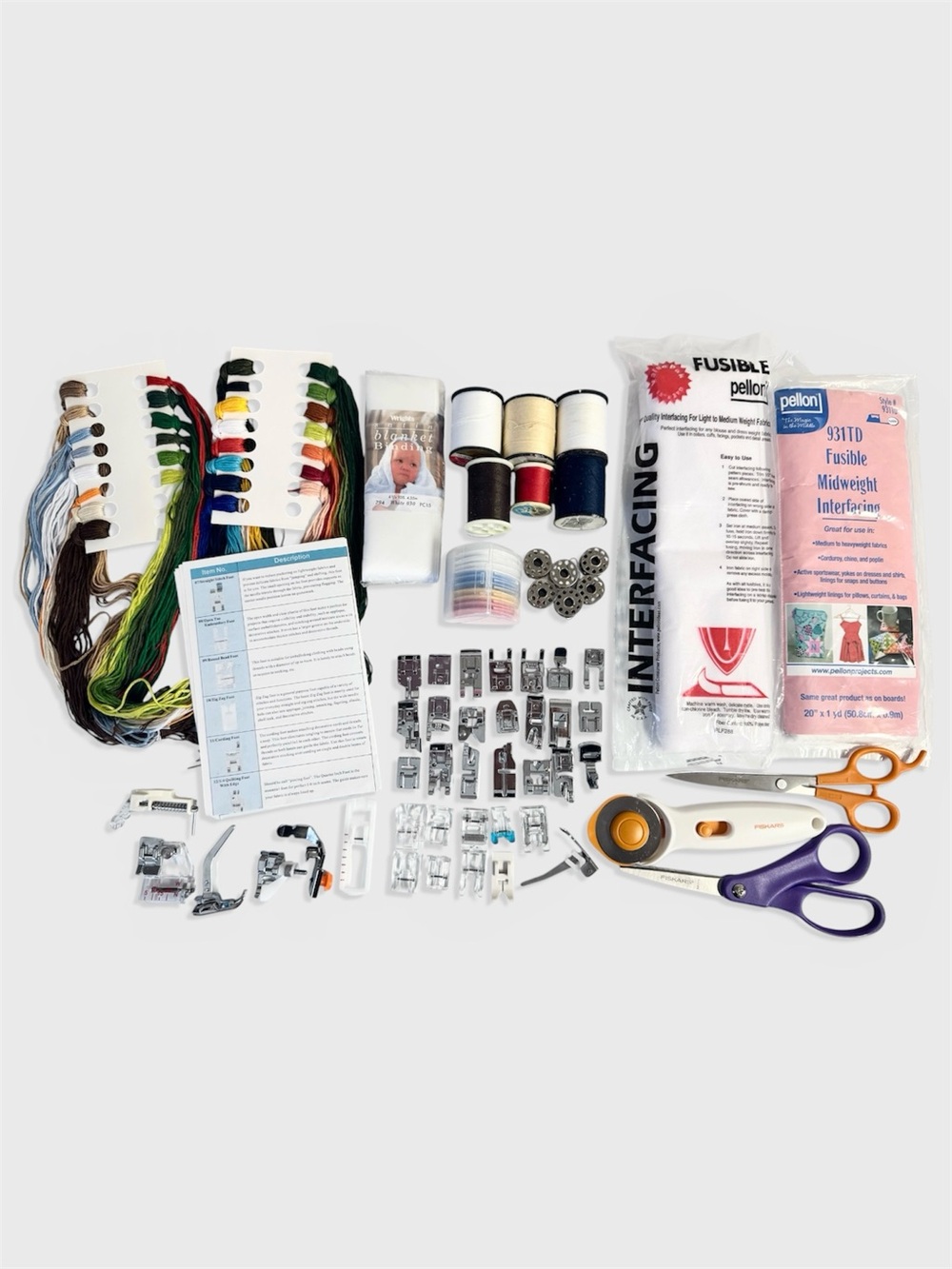 Huge Sewing Lot Thread Presser Feet Binding Interfacing Scissors Rotary Cutter